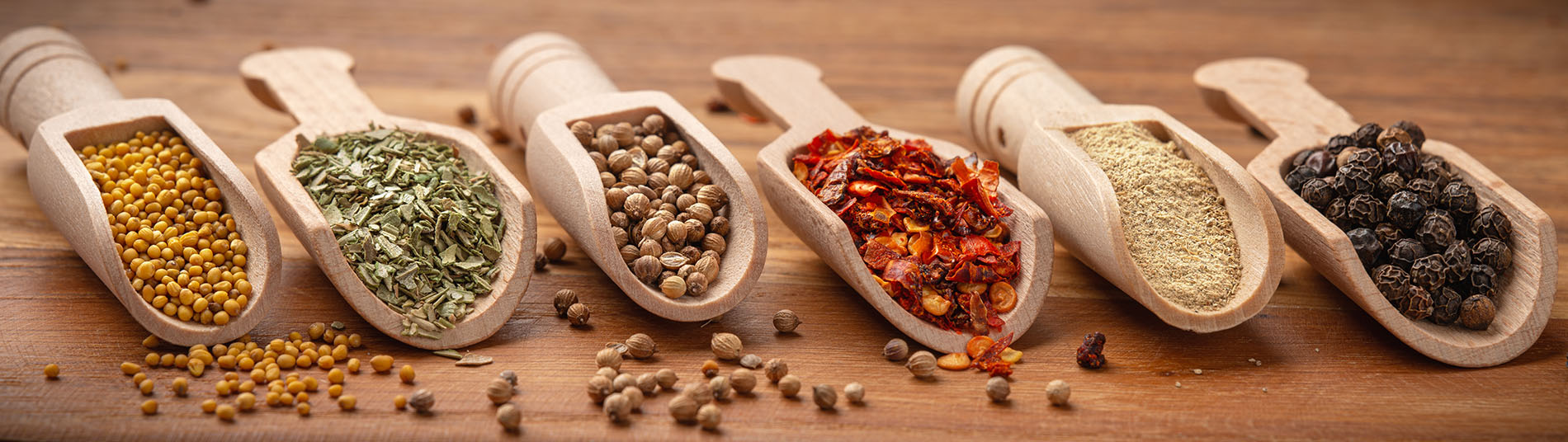 Various spices in wooden scoops on wooden background banner panoramic
